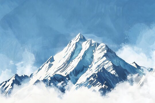 Simple gouache style mountain landscape, white and blue sky Generative Ai 