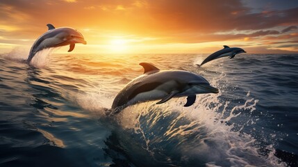 Dolphins Swimming in Evening Sea