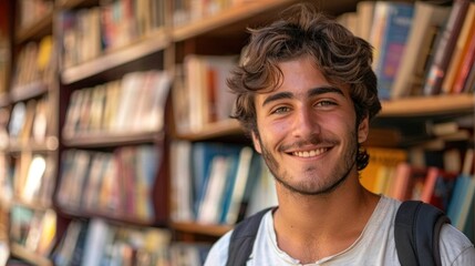Young man with curly hair and beard smiling standing in front of a bookshelf filled with books.