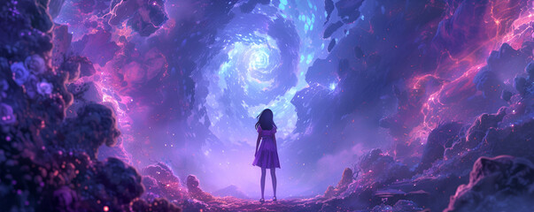 anime girl 2d art ultra wide shot purple and blue - obrazy, fototapety, plakaty