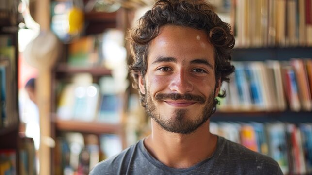 A bearded man with curly hair smiling at the camera standing in frontof a bookshelf filled with books.