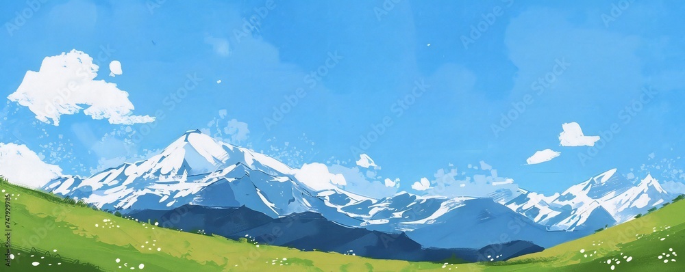 Wall mural Simple gouache style mountain landscape, white and blue sky Generative Ai 