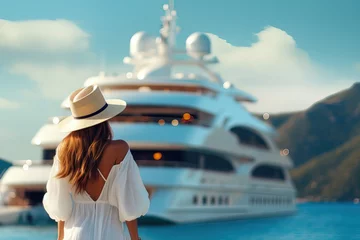 Selbstklebende Fototapeten Girl Silhouette on Pier with Private Yacht © Nick Alias