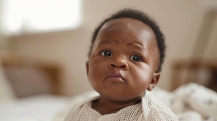 A curious baby with a furrowed brow looking to the side wearing a white knit garment in a softly lit room with a blurred background.