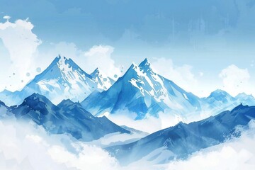 Obraz premium Simple gouache style mountain landscape, white and blue sky Generative Ai 