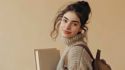 Young woman with a warm smile wearing a cozy turtleneck sweater carrying a brown backpack and holding a book standing against a soft beige background. - 747929923