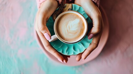 Female hands holding a cup of coffee cappuccino, pastel pink and blue background, top view