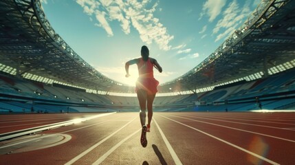 A female athlete in a red tracksuit sprinting towards the finish line in a stadium with a bright sky. - 747930377