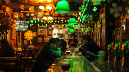 Fototapeta na wymiar Traditional Irish Bar with Shamrock decorated Interior