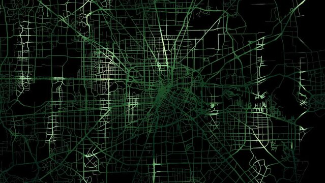 Zoom in road map of Houston Texas with green glowing roads on a black background.