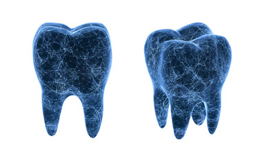 Tooth with blue structure lines, 3d rendering.