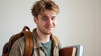 Young man with messy hair smiling wearing a brown backpack holding two books standing against a white wall. - 747930597