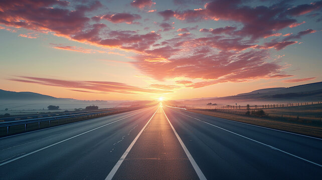 A detailed photograph capturing a highway during a sunrise