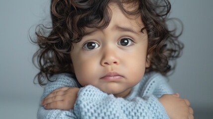 Naklejka premium A young child with curly hair wearing a blue sweater looking contem plative with their arms crossed.