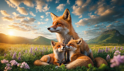 A fox with her kits in a lush meadow adorned, wildflowers under a clear sky, highlighting wildlife motherhood, their vibrant fur, and the vital preservation of family units in the wild.  - obrazy, fototapety, plakaty