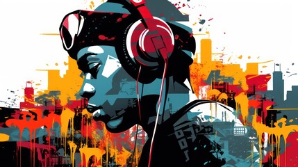 Illustration design of a man listening to music using a headset, with wpap images and art.