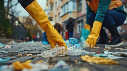 Two people in yellow and green rain gear picking up trash on a city street.