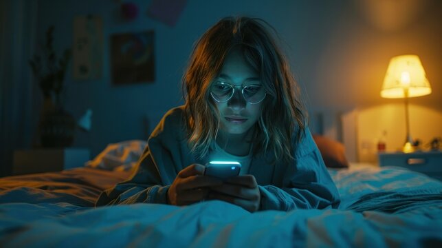 Young Woman With Glasses Lying In Bed Engrossed In Her Phone Illuminated By A Soft Blue Light.