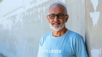 Naklejka na ściany i meble A bearded man with glasses wearing a blue t-shirt with the word 'VOLUNTEER