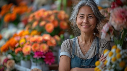 A smiling woman with gray hair wearing denim overalls standing amidst a vibrant display of colorful flowers. - obrazy, fototapety, plakaty