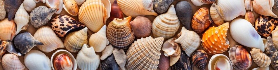 Collection of different Seashells and pebbles  as a background, texture or pattern. Travel and vacation concept with copy space. Spa Concept.
