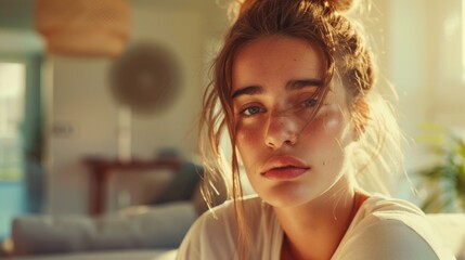 A young woman with a side-swept hairstyle wearing a white top sitting in a cozy room with natural light looking directly at the camera with a gentle expression. - obrazy, fototapety, plakaty