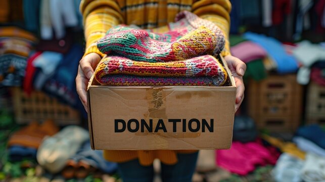 Person holding a box of colorful knitted items likely for donation amidst a backdrop of various clothing items.