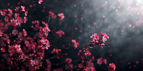 A black background with pink flowers and petals floating on the floor., Blossoming tree branch purple pink neon blooming, 

