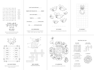 Set of seven games. Cats Theme. French language. Vector illustration. Set No. 1.