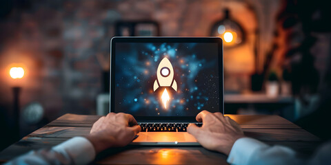 a man sits at a laptop in a cafe, 3D visualization of a rocket taking off from a laptop