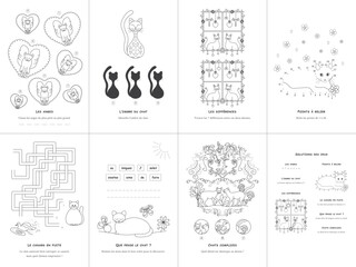 Set of seven games. Cats Theme. French language. Vector illustration. Set No. 3.