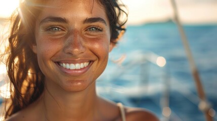 A radiant woman with a warm smile sun-kissed skin and sparkling eyes set against a serene ocean backdrop evoking a sense of joy and tranquility.