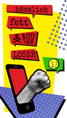 Cybermobbing. Agressive fist reaching out of phone with bold lettering of Hate speech. Online social media verbal violence. German text.