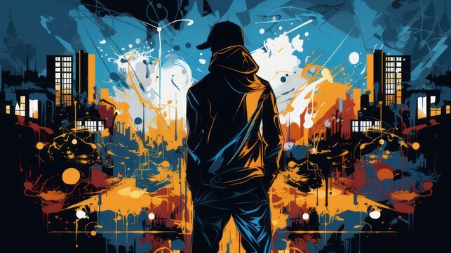 Illustration design of a man standing with his back, wearing a t-shirt, building background and wpap motifs and colors