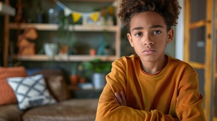 Fototapeta premium Young boy with curly hair wearing a yellow sweatshirt sitting on a couch with crossed arms in a room with shelves and plants.