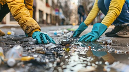 Two people in yellow jackets and blue gloves picking up trash on a city street.