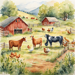 Farm and animals in watercolor style.