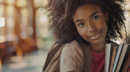 Young woman with curly hair smiling holding books wearing a pink sweater and a brown backpack standing in a blurred library setting.