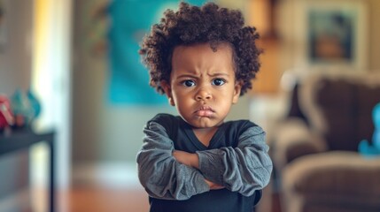 A young child with curly hair wearing a gray shirt standing with arms crossed displaying a stern expression.
