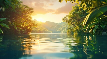 Serene Lake at Sunset with Lush Foliage. A serene lake reflecting the warm light of the setting sun, flanked by lush tropical foliage and a mountainous backdrop.