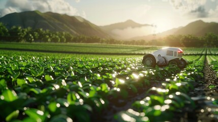 Autonomous Farm Robot in Agricultural Field at Sunrise. An autonomous robot maneuvers through a lush agricultural field, with the early morning sun casting a warm glow over the innovative technology - obrazy, fototapety, plakaty