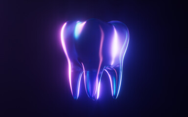 Tooth with dark neon light effect, 3d rendering.