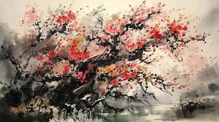 chinese ink painting, very colorful and traditional chinese. very beautiful and oriental
