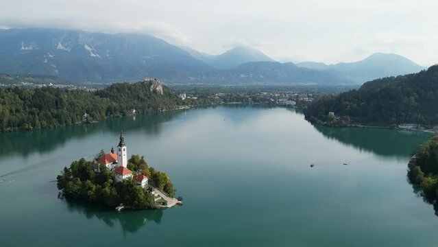 Bled Lake in Slovenia, captured by an aerial drone shot.