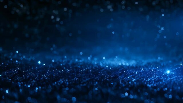 Video animation background of  numerous small, glowing blue lights scattered across a dark background, creating an effect reminiscent of stars in the night sky or particles in deep space