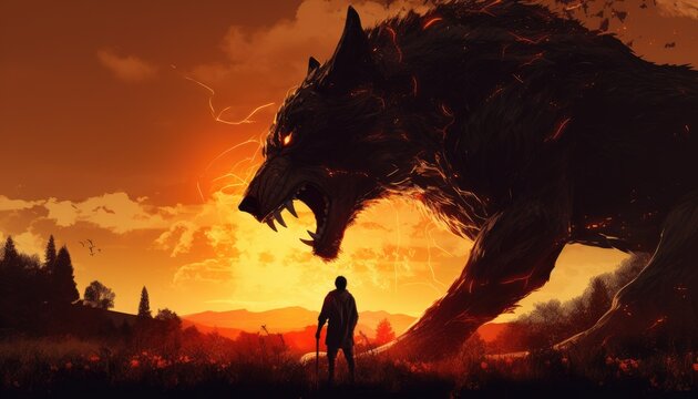 hunter with a bow facing a giant wolf in the fire meadow