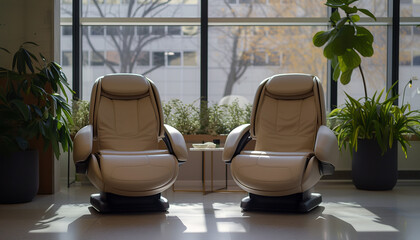 Massage chairs tucked away in a quiet corner of an open space office offer employees short but effective stress relief breaks - obrazy, fototapety, plakaty