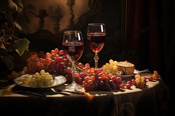 scene with wine glasses, grapes, and a dinner setting