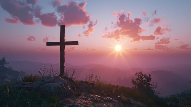 Sunset Crossing A Pink Sky and a Cross on a Rock Generative AI