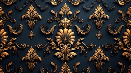 royal floral dark blue gold damask seamless pattern - obrazy, fototapety, plakaty
